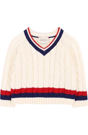 Детский хлопковый пуловер с контрастной отделкой и v-образным вырезом GUCCI белого цвета, арт. 498314/X3I49 | Фото 1 (Статус проверки: Проверена категория; Кросс-КТ НВ: Пуловеры)