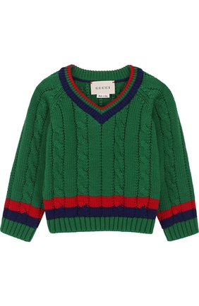 Детский хлопковый пуловер с контрастной отделкой и v-образным вырезом GUCCI зеленого цвета, арт. 498314/X3I49 | Фото 1 (Статус проверки: Проверена категория, Проверено; Кросс-КТ НВ: Пуловеры)