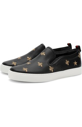 Мужские кожаные слипоны с отделкой GUCCI черного цвета по цене 41700 руб., арт. 407364/AXWB0 | Фото 1 Мужские кожаные слипоны с отделкой GUCCI черного цвета, арт. 407364/AXWB0 | Фото 1