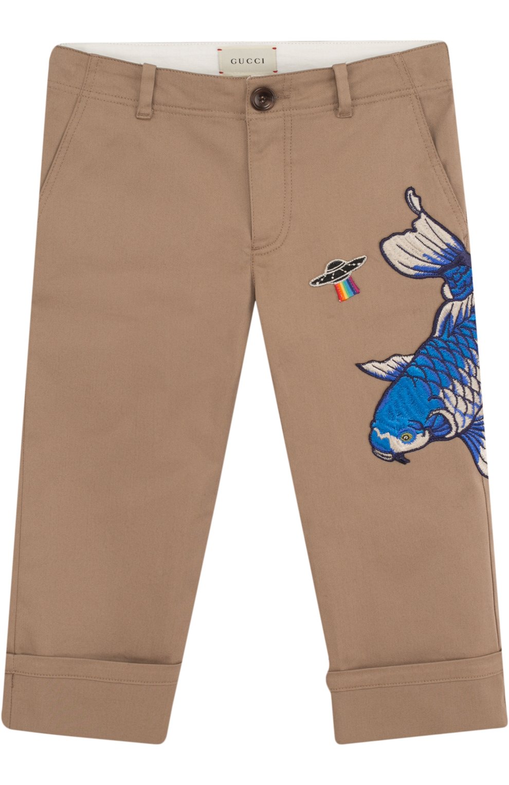 Детские хлопковые брюки с аппликациями GUCCI бежевого цвета, арт. 499974/XBC99 | Фото 1 (Случай: Повседневный; Материал внешний: Хлопок)
