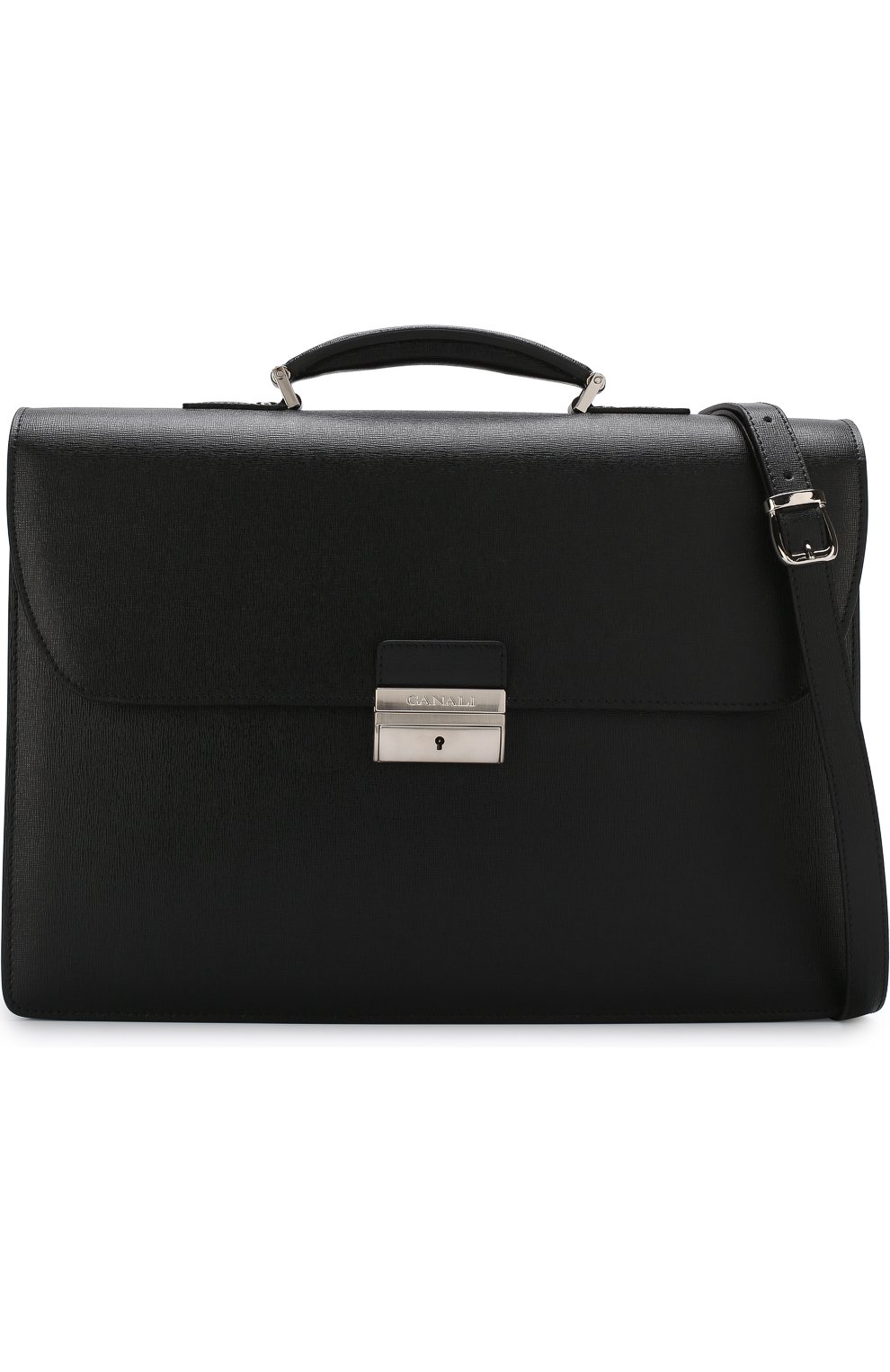 Мужской черный кожаный портфель с плечевым ремнем Canali, арт. P325328/NA00053 купить в ЦУМ | Фото №6 Кожаный портфель с плечевым ремнем Canali черный | Фото №6