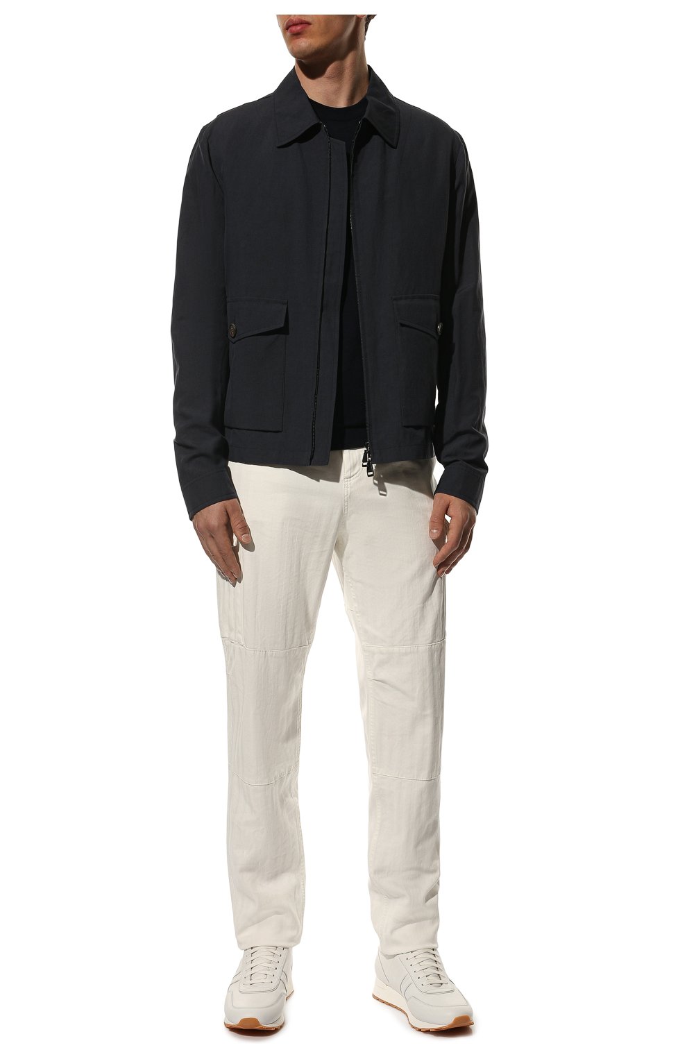 Мужская куртка изо льна и хлопка BRIONI темно-синего цвета, арт. SLPL0L/P7149 | Фото 2 (Кросс-КТ: Куртка, Ветровка; Рукава: Длинные; Материал внешний: Хлопок, Лен; Мужское Кросс-КТ: Верхняя одежда; Длина (верхняя одежда): Короткие)