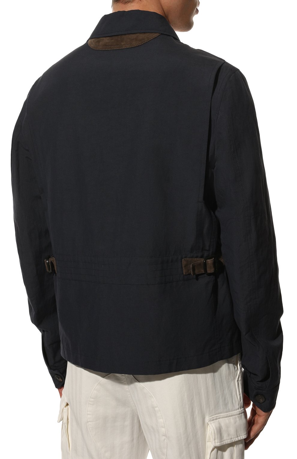 Мужская куртка изо льна и хлопка BRIONI темно-синего цвета, арт. SLPL0L/P7149 | Фото 4 (Кросс-КТ: Куртка, Ветровка; Рукава: Длинные; Материал внешний: Хлопок, Лен; Мужское Кросс-КТ: Верхняя одежда; Длина (верхняя одежда): Короткие)