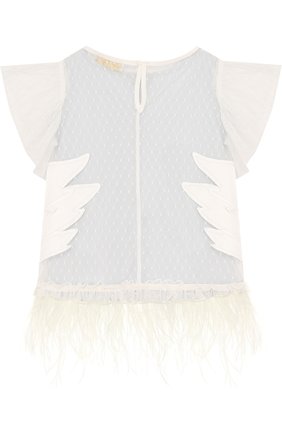 Детское блуза с аппликациями и отделкой из пера страуса MONNALISA белого цвета, арт. 791603R3 | Фото 2 (Статус проверки: Проверено, Проверена категория; Рукава: Короткие; Принт: С принтом)