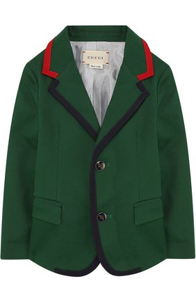 Детский хлопковый пиджак на двух пуговицах с контрастной отделкой GUCCI зеленого цвета, арт. 498578/XBD10 | Фото 1 (Материал подклада: Вискоза; Статус проверки: Проверена категория, Проверено)