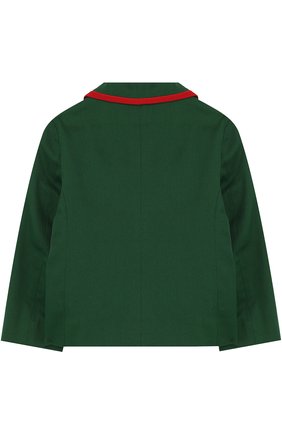 Детский хлопковый пиджак на двух пуговицах с контрастной отделкой GUCCI зеленого цвета, арт. 498578/XBD10 | Фото 2 (Материал подклада: Вискоза; Статус проверки: Проверена категория, Проверено)