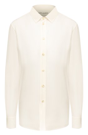 Женская шелковая рубашка SAINT LAURENT кремвого цвета, арт. 395733/Y100W | Фото 1 (Материал внешний: Шелк; Статус проверки: Проверена категория; Длина (для топов): Стандартные; Рукава: Длинные; Принт: Без принта; Женское Кросс-КТ: Рубашка-одежда; Стили: Классический)