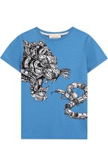 Детская хлопковая футболка с принтом GUCCI голубого цвета, арт. 498013/X3I64 | Фото 1 (Рукава: Короткие; Материал внешний: Хлопок; Мальчики Кросс-КТ: Футболка-одежда; Статус проверки: Проверена категория)