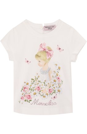 Детский хлопковая футболка с принтом и стразами MONNALISA белого цвета, арт. 311610ST | Фото 1 (Статус проверки: Проверено, Проверена категория)
