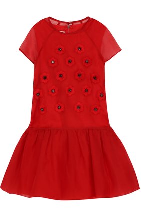 Детское мини-платье из смеси шелка и хлопка с аппликациями QUIS QUIS красного цвета, арт. AB51SS/8-12 | Фото 1 (Материал внешний: Хлопок, Синтетический материал, Шелк; Рукава: Короткие; Случай: Повседневный; Девочки Кросс-КТ: Платье-одежда; Статус проверки: Проверена категория)