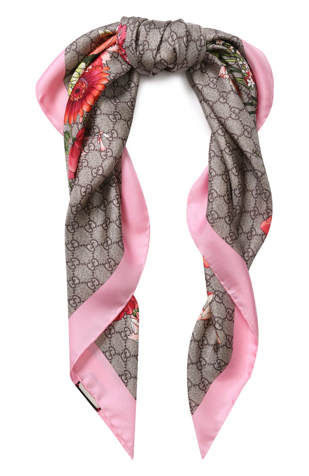 Женский шелковый платок с цветочным принтом gg GUCCI розового цвета, арт. 528941/3G001 | Фото 1 (Материал: Текстиль, Шелк; Статус проверки: Проверена категория)