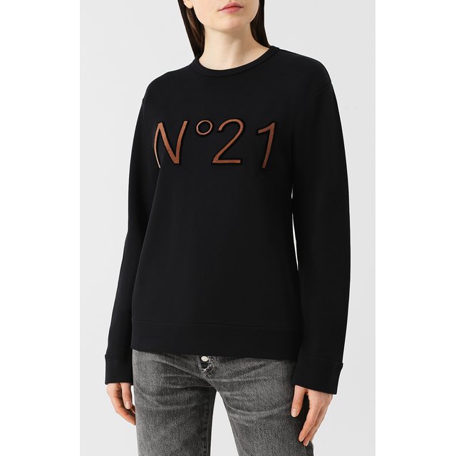 фото Хлопковый пуловер с круглым вырезом и логотипом бренда n21