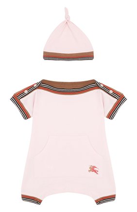 Детское хлопковый комплект из комбинезона и шапки BURBERRY розового цвета по цене 12100 руб., арт. 8002859 | Фото 1 Детское хлопковый комплект из комбинезона и шапки BURBERRY розового цвета, арт. 8002859 | Фото 1
