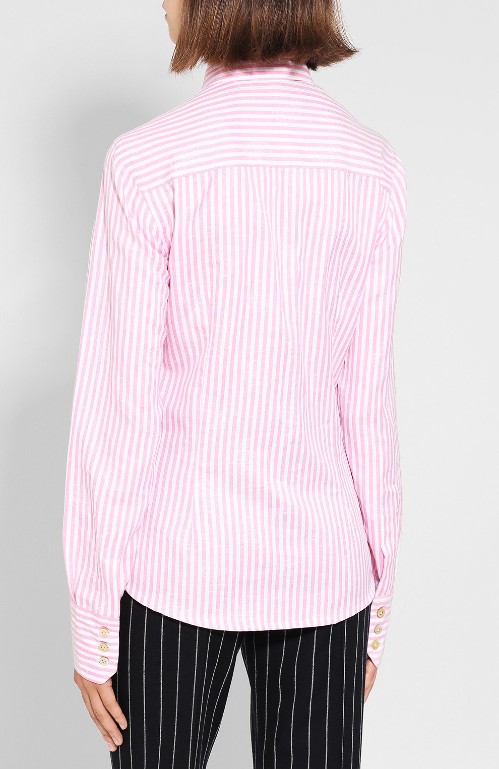 Женская блуза из смеси хлопка и льна в полоску KITON розового цвета, арт. D40415H06350 | Фото 4 (Рукава: Длинные; Принт: Полоска, С принтом; Длина (для топов): Стандартные; Материал внешний: Хлопок, Лен; Женское Кросс-КТ: Блуза-одежда)