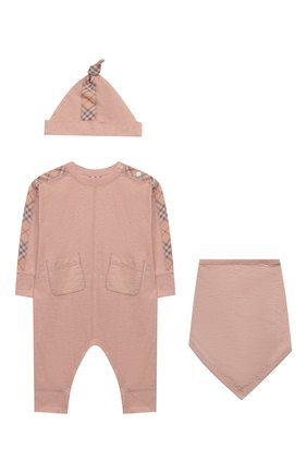 Детского комплект из хлопкового комбинезона и шапки с нагрудником BURBERRY розового цвета по цене 12900 руб., арт. 8006220 | Фото 1 Детского комплект из хлопкового комбинезона и шапки с нагрудником BURBERRY розового цвета, арт. 8006220 | Фото 1