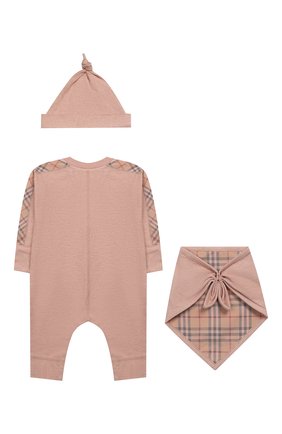 Детского комплект из хлопкового комбинезона и шапки с нагрудником BURBERRY розового цвета по цене 12900 руб., арт. 8006220 | Фото 2 Детского комплект из хлопкового комбинезона и шапки с нагрудником BURBERRY розового цвета, арт. 8006220 | Фото 2
