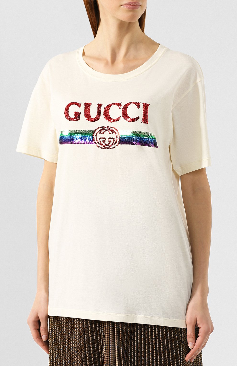 Женская кремовая хлопковая футболка GUCCI — купить за 57300 руб. в  интернет-магазине ЦУМ, арт. 492347/XJARM