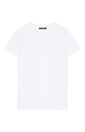 Детская хлопковая футболка BALMAIN белого цвета, арт. 6K8611/KX080/12-16 | Фото 1 (Рукава: Короткие; Материал внешний: Хлопок; Девочки Кросс-КТ: футболка-одежда; Статус проверки: Проверена категория; Принт: С принтом)