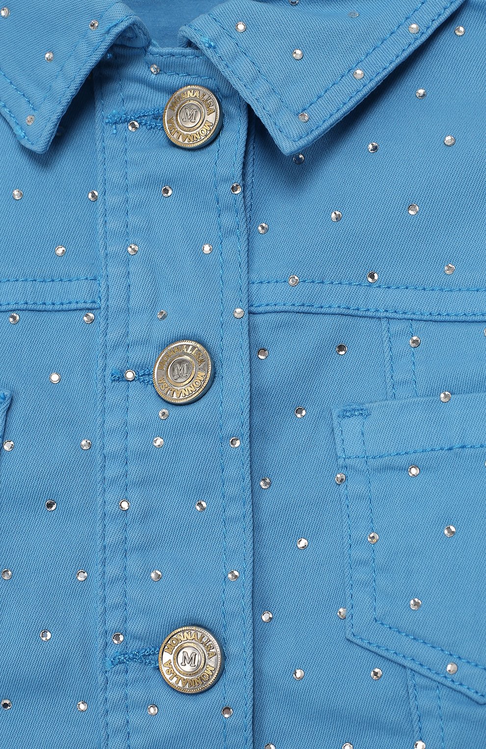 Детская джинсовая куртка MONNALISA голубого цвета, арт. 173107 | Фото 3 (Кросс-КТ: Деним, Лето; Рукава: Короткие; Материал внешний: Хлопок; Статус проверки: Проверено, Проверена категория)