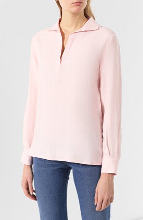 Женская льняная рубашка KITON светло-розового цвета, арт. D47444H02829 | Фото 3 (Рукава: Длинные; Принт: Без принта; Женское Кросс-КТ: Рубашка-одежда; Длина (для топов): Стандартные; Материал внешний: Лен; Статус проверки: Проверена категория)