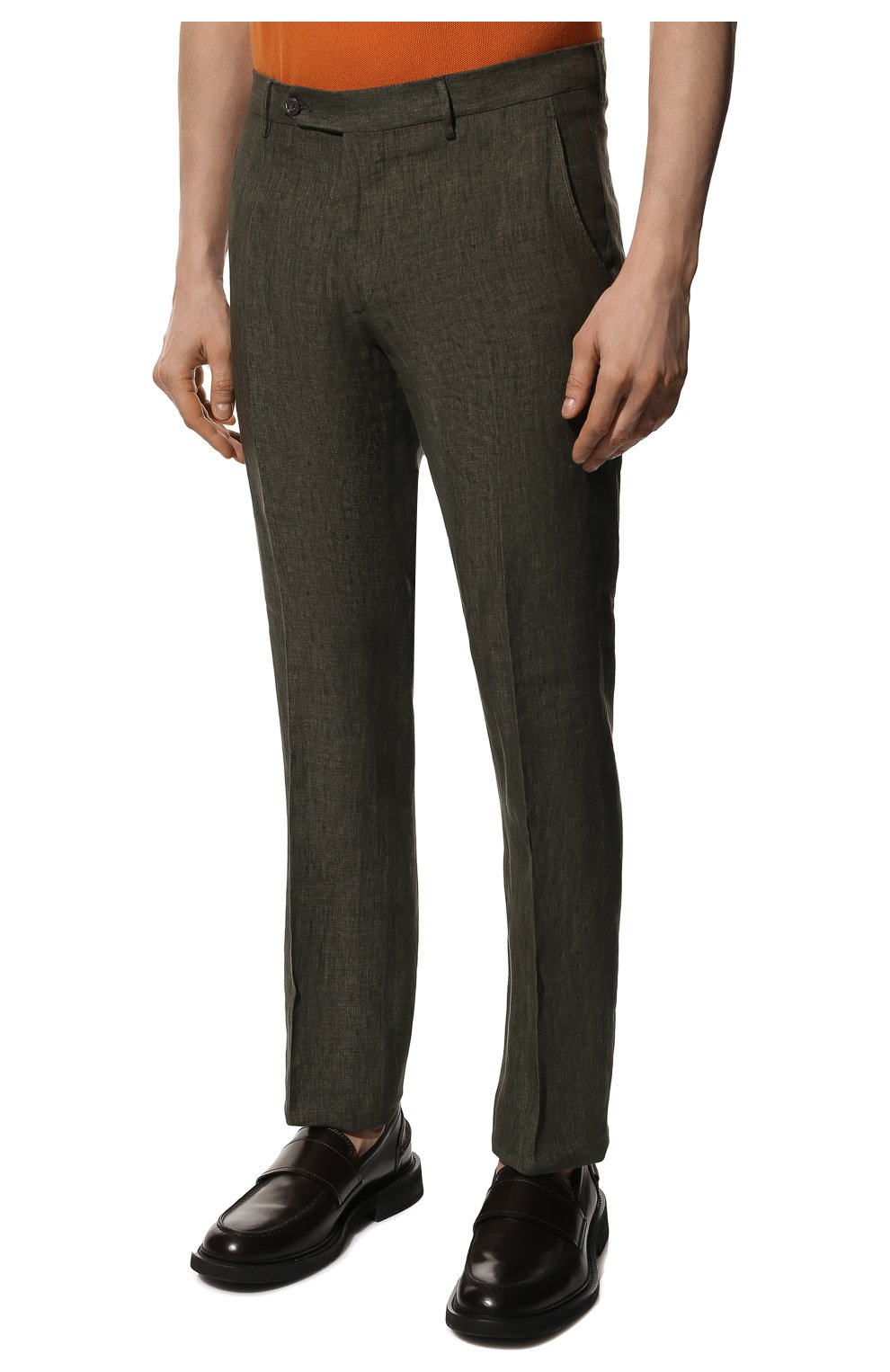 Мужские льняные брюки  BERWICH темно-зеленого цвета, арт. SC/1/LM104 | Фото 3 (Длина (брюки, джинсы): Стандартные; Случай: Повседневный; Материал внешний: Лен; Стили: Кэжуэл)