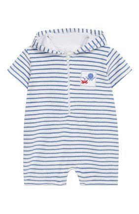 Детское хлопковый песочник с капюшоном KISSY KISSY голубого цвета по цене 3295 руб., арт. KBR01779I | Фото 1 Детское хлопковый песочник с капюшоном KISSY KISSY голубого цвета, арт. KBR01779I | Фото 1