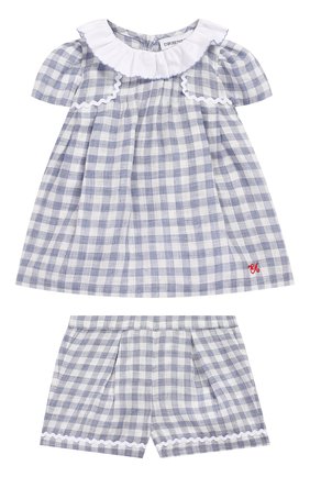Детский комплект из льняной блузки и шорт EMPORIO ARMANI голубого цвета, арт. 3GEV02/4N2XZ | Фото 1 (Материал внешний: Лен; Статус проверки: Проверено, Проверена категория; Рукава: Короткие)