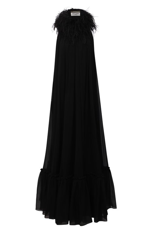 фото Шелковое платье с отделкой перьями saint laurent